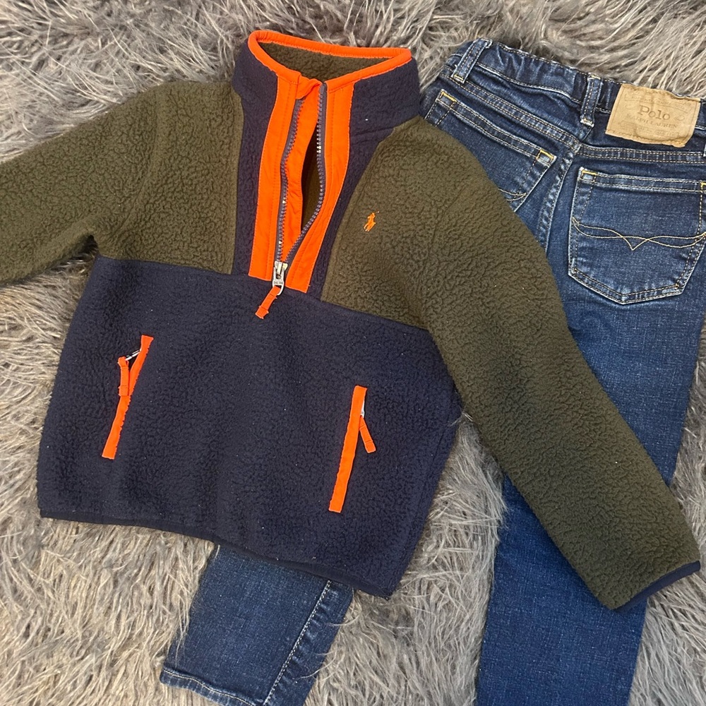 Ralph Lauren Polo Sherpa Half Zip with Polo Dark Distressed Jeans, boys size 5T